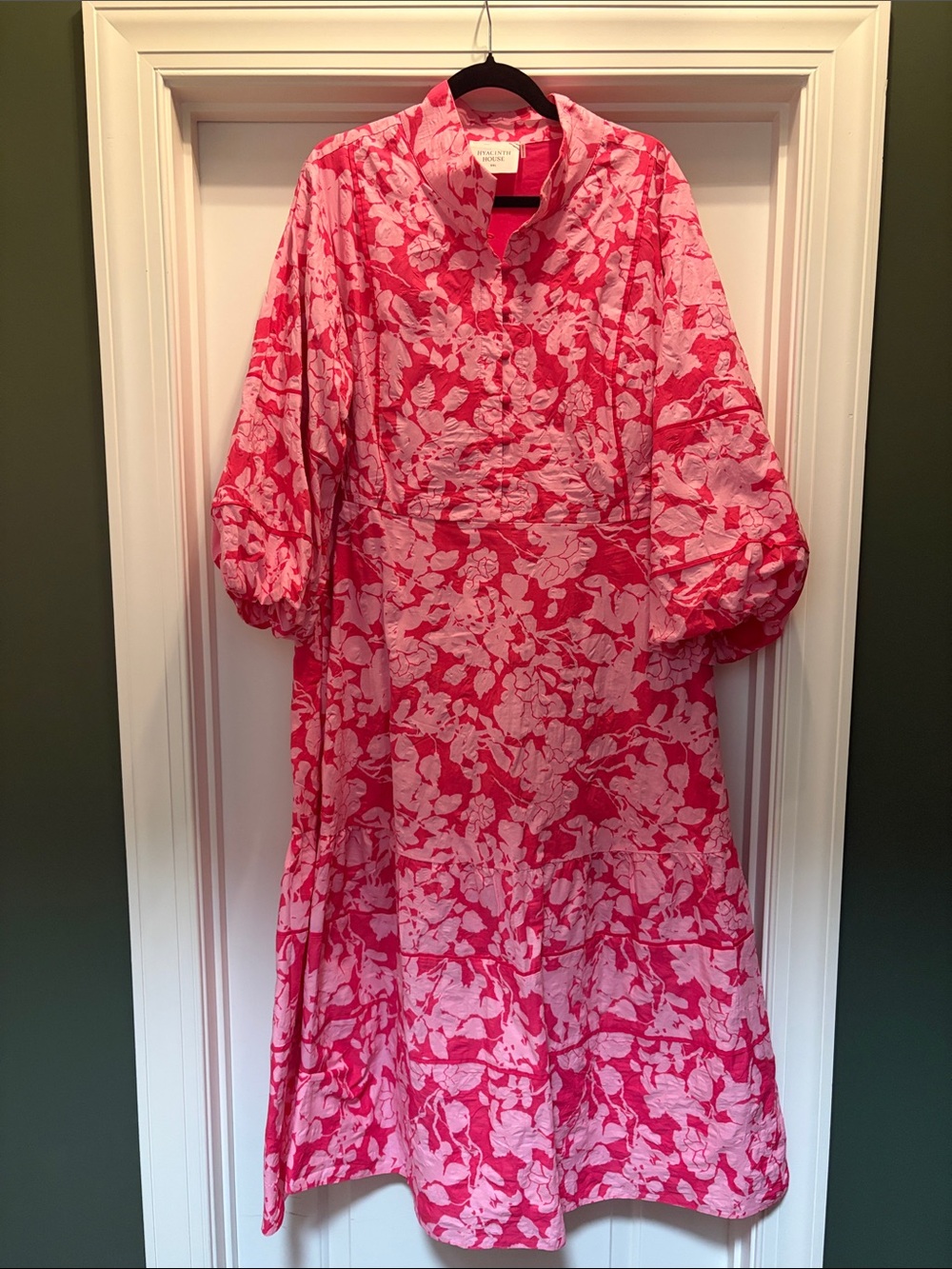 Floral Pink Button-Front Midi Dress with Puff Sleeves